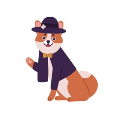 Smiling dog shiba inu breed wearing suit with bow and hat vector flat illustration. Friendly fashion domestic animal waving hand isolated on white background. Cute pet wearing stylish apparel