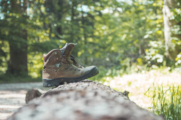 Obraz premium Hiking holiday concept: Worn out Alpine boots on a tree trunk