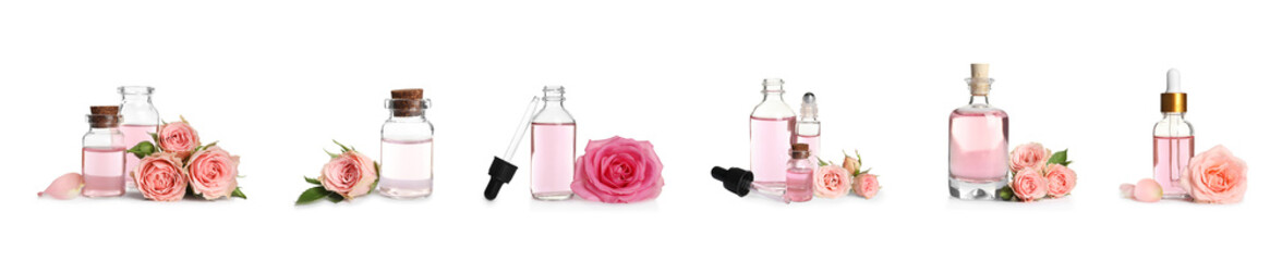 Obraz na płótnie Canvas Set with bottles of essential oils and rose flowers on white background. Banner design
