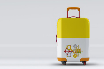 Vatican City flag on a stylish suitcases back view on color background. Space for text. International travel and tourism concept. 3D rendering.