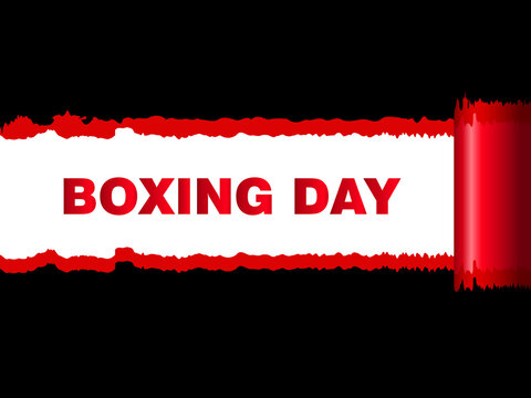 Boxing Day Sale Background For Banner, Flyer, Brochure And Posters In Web And Prints. Vector Illustration Tear The Wrap Paper Gift Box, With Rolling Red Masking Tape 