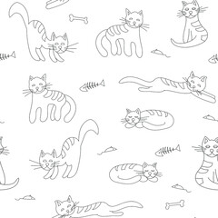 Seamless pattern of black and white cats. Satisfied cat is sleeping, striped back. For paper, cover, fabric, gift wrap, wall art, home decor. Simple vector surface pattern design.