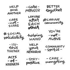 Set of hand lettering messages for stay home campaign. Positive inscriptions for caring community hashtags. Self-isolation, lockdown, shelter in place phrases for social media, stickers, tags, blog