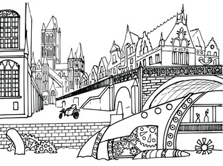 Vector fantastic city in steampunk style with a submarine.  Black and white sketch. Hand-drawn. Isolated on a white background. Coloring book for children and adults.