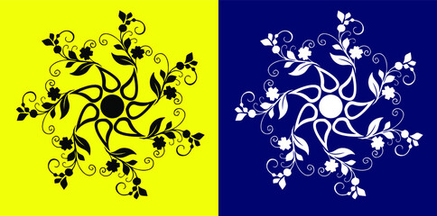 Fototapeta na wymiar Beautiful paisleys, vines and leaves decorated as mandala isolated on yellow and blue background