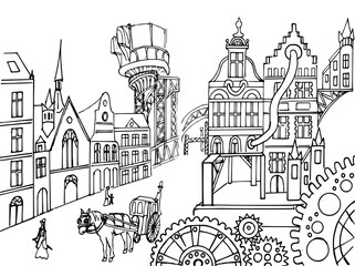 Naklejka premium Vector fantastic city in the steampunk style. Black and white sketch. Hand-drawn. Isolated on a white background. Coloring book for children and adults.