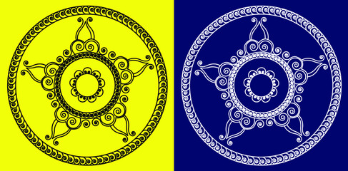 Beautiful circular mandala design with spirals isolated on yellow and blue background