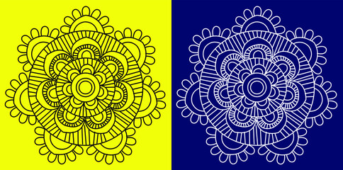 Mandala floral line art isolated on yellow and blue background