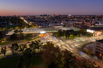Aerial night view of Richmond station and Hoddle Street in Melbourne, Australia