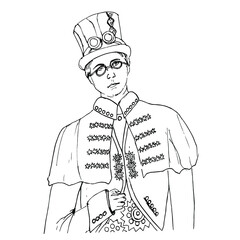 Drawing of a young man in steampunk style. Vector black and white sketch. Hand-drawn. Isolated on a white background. Coloring book for children and adults.