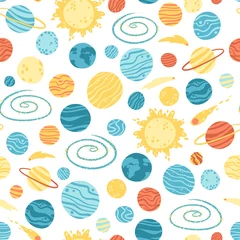 Galaxy kosmisch naadloos patroon met planeten, sterren en kometen. Kinderachtig vector hand getekend cartoon afbeelding in eenvoudige Scandinavische stijl. Kleurrijk geïsoleerd op een witte achtergrond © Світлана Харчук