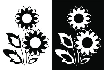 Floral design concept of sunflower with leaves is in black and white background
