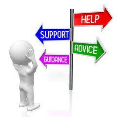 Help, support, advice, guidance concept - signpost with four arrows, cartoon character - 3D illustration