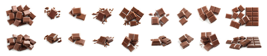 Set with tasty milk chocolate on white background. Banner design
