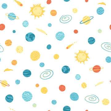 Galaxy cosmic seamless pattern with planets, stars and comets. Childish vector hand drawn cartoon illustration in simple scandinavian style. Colorful isolated on a white background