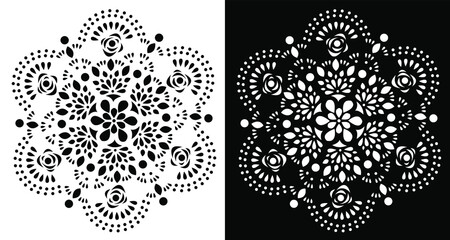 flower Mandala design made with dots and lines isolated on black and white background 