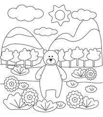 Kids coloring book with cute bear, mountains and flowers. Simple shapes, contour for small children. Cartoon vector illustration.