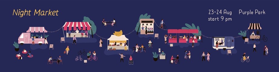 Fototapeta premium Night market horizontal banner vector flat illustration. Announcement of nighttime outdoor fair with place for text. Crowd of people looking, buying goods or food walking between stalls or kiosks