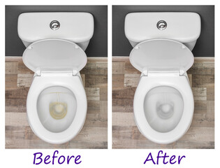 Toilet bowl before and after cleaning indoors, top view