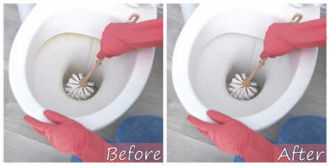 Woman cleaning toilet bowl with brush in bathroom, closeup. Before and after