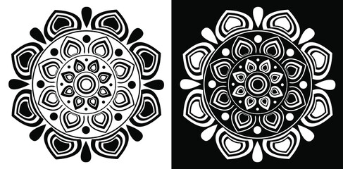 Beautiful Indian traditional and cultural Rangoli mandala design concept of floral art isolated on black and white background