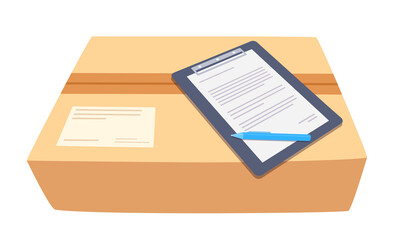 A closed cardboard box with a paper clipboard and a pen on top. An order delivery package, parcel. A vector cartoon illustration isolated on a white background.