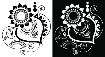 Beautiful Peacock with flower decoration and leafy feathers isolated on black and white background with mandala design