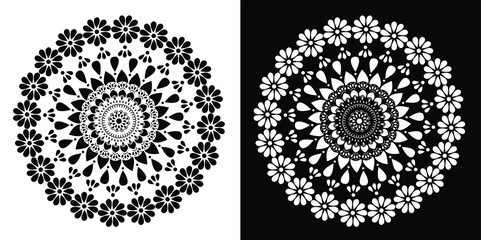 Beautiful Indian traditional and cultural Rangoli mandala design concept of floral art isolated on black and white background