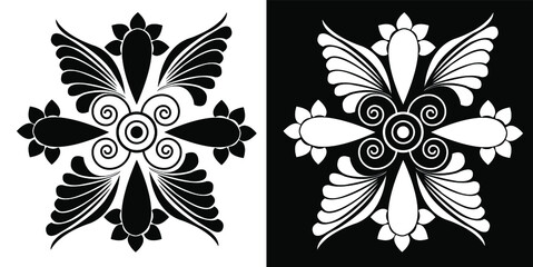black and white floral Butterfly design with petals and spirals 