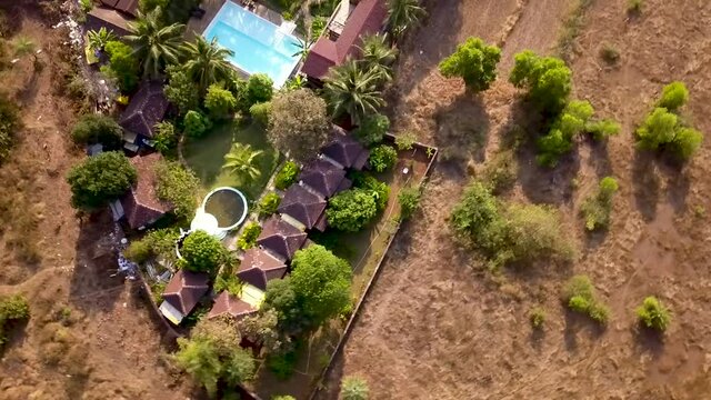 Drone shot flying over a resort in Goa, India