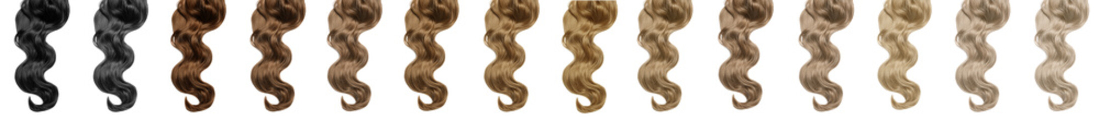 Set with color hair samples on white background, top view. Banner design