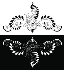 Fototapeta premium Beautiful alpona or paisley design concept of floral art with spirals and leafy petals isolated on black and white background 