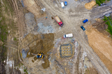 CZECH, FRYDEK MISTEK 01.06.2020 Road Construction Site near the highway with machinery, bulldozer, excavation from above. 4K video, top down view.