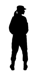 Silhouette of soldier in uniform on white background. Military service