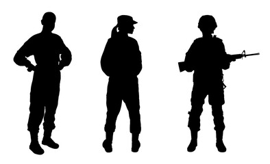 Collage with silhouettes of soldiers on white background. Military service