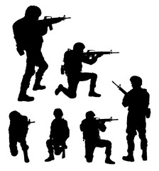 Collage with silhouettes of soldiers on white background. Military service