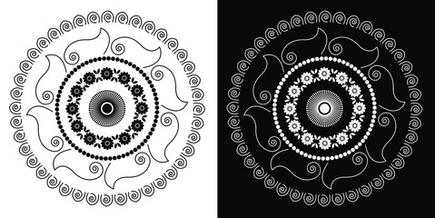 Beautiful Indian traditional and cultural Rangoli mandala design concept of floral art isolated on black and white background
