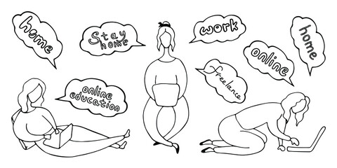 Vector hand drawn set of women with laptops in doodle style. Online education, work at home office. People on freelance. Clouds with phrases.
