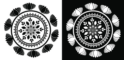 Indian Mandala design concept concept of petals and lotus flowers isolated on black and white background 