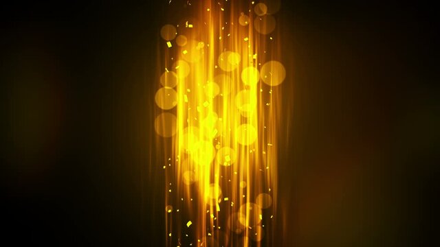 Falling shiny golden confetti. Bright festive tinsel of gold color. Bokeh lights on black background. Shining waves design. Loop animation. Copy space for text.
