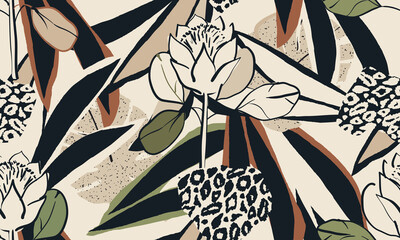Hand drawn abstract floral pattern with leopard print. Creative collage contemporary seamless pattern. Natural colors. Fashionable template for design.