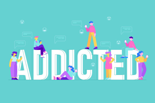 Gadget addicted people concept. Men and woman use their smartphones banner. Online news, play games, social media, internet. Modern flat style vector illustration