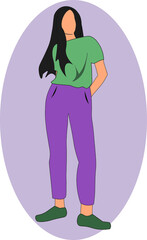 Vector image of a beautiful proud girl with long hair in a full-length t-shirt and jeans. A bright image for a website, beauty salon, hair salon, clothing store. The isolated image.