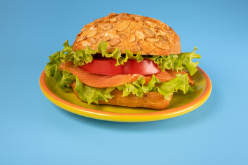 sandwich with salmon and salad on blue background