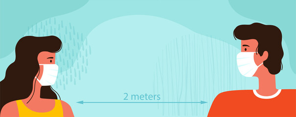 Man and woman at a safe distance from each other. People wear masks and maintain social distance.