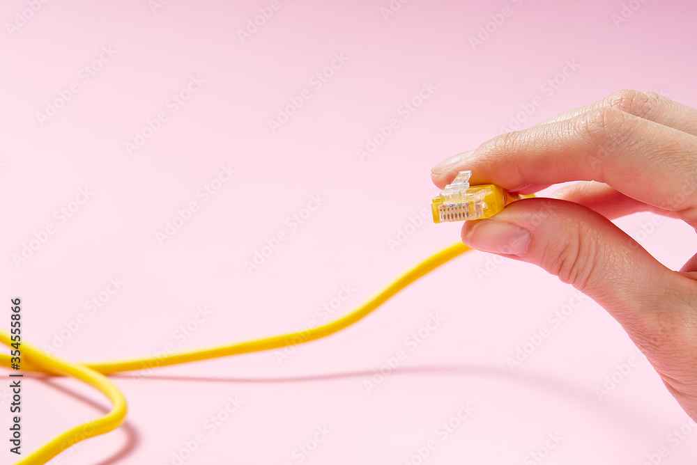Aufkleber lan wires cat5 cat6. hand holds wires with high speed internet access. internet technologies of the 