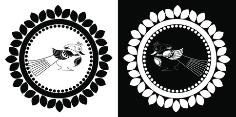 Peacock with feathers inside of floral circular mandala isolated on black and white background 