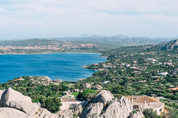 Fototapeta na wymiar View on Porto Rafael and Palau towns by the sea in Sardinia, Italy
