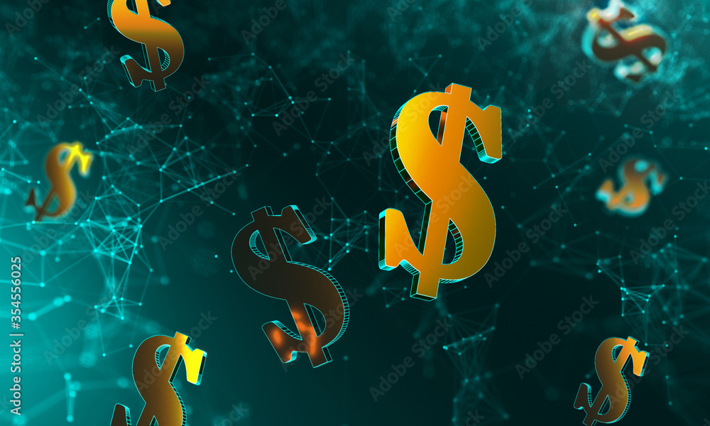 Poster 3d-rendering illustration of golden dollar icons in front of low poly mesh. abstract background for 