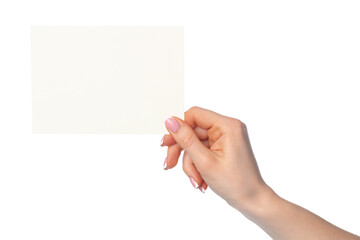 Woman's hand holding blank white sheet of paper isolated on white